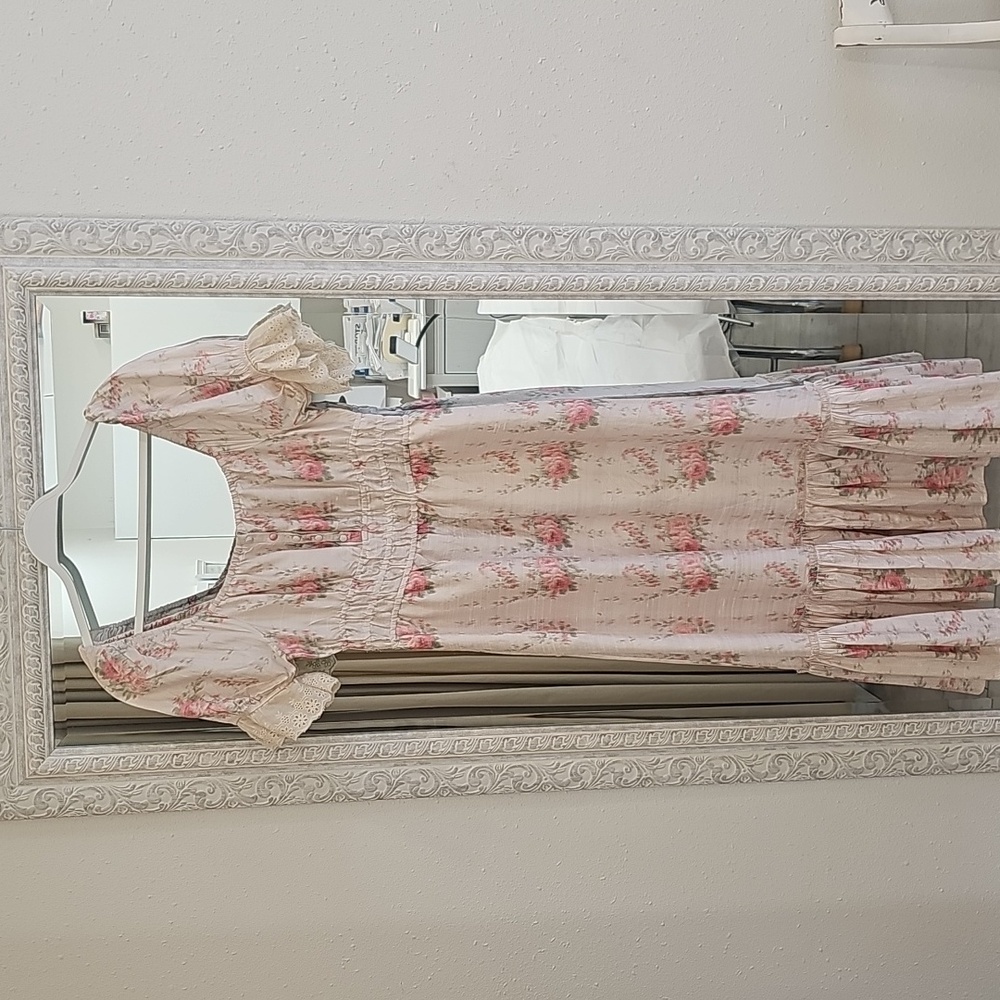 LoveShackFancy Floral Midi Dress in Pink and Cream